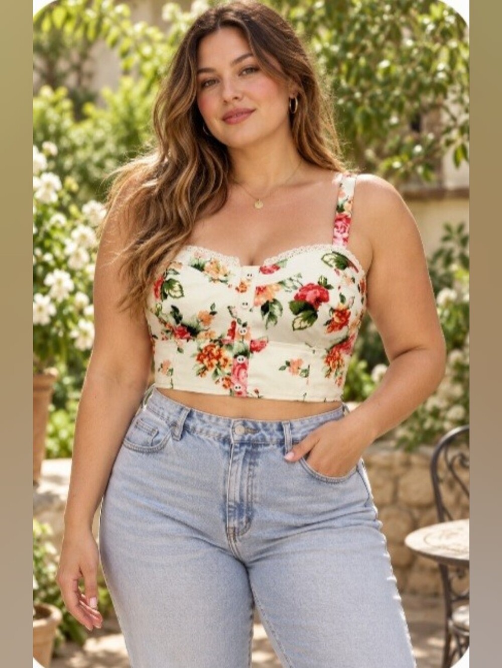 Kimchi Blue White Pink Floral Boho Sleeveless Bustier Crop Top Large Cottagecore